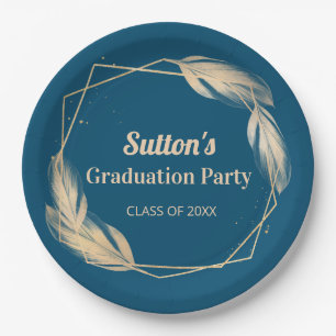 Golden Feathers on Navy Graduation Party Paper Plates