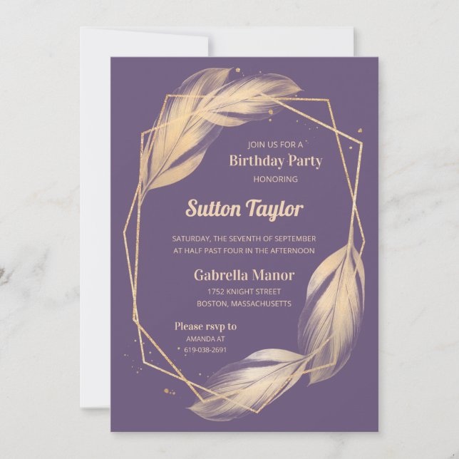 Golden Feathers on Plum Birthday Party Invitation (Front)