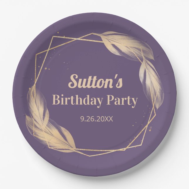 Golden Feathers on Plum Birthday Party Paper Plates (Front)