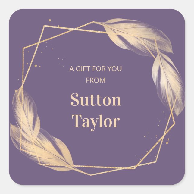 Golden Feathers on Plum Square Sticker (Front)