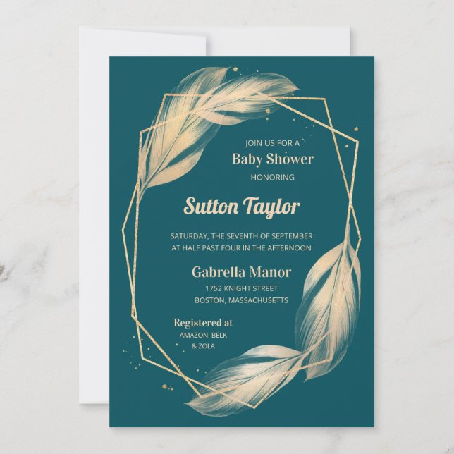 Golden Feathers on Teal Baby Shower Invitation (Front)