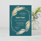 Golden Feathers on Teal Baby Shower Invitation (Standing Front)