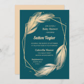 Golden Feathers on Teal Baby Shower Invitation (Front/Back)