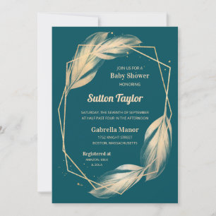Golden Feathers on Teal Baby Shower Invitation