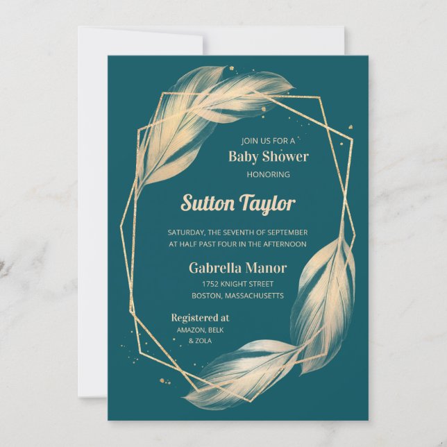 Golden Feathers on Teal Baby Shower Invitation (Front)