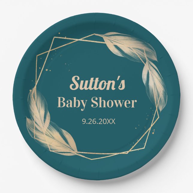 Golden Feathers on Teal Baby Shower Paper Plates (Front)