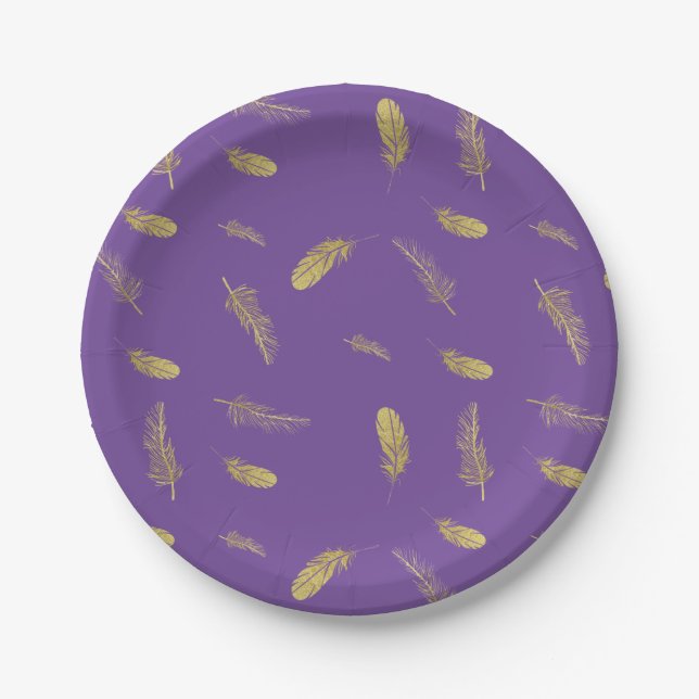 Golden Feathers Purple Paper Plates (Front)