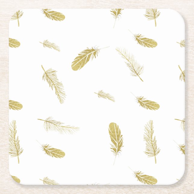 Golden Feathers Square Paper Coaster (Front)