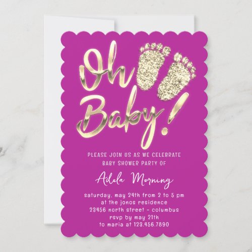 Golden Feet Baby Girl Boy Shower Purple Fuchsia Invitation