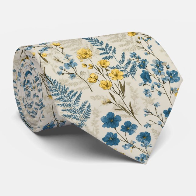 Golden Fern & Blue Wildflower Neck Tie (Rolled)
