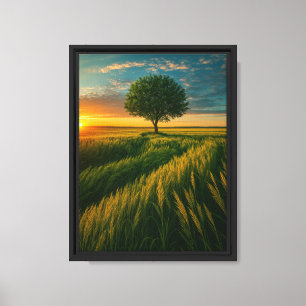 Golden Field Sunset Tree Framed Canvas Art Print
