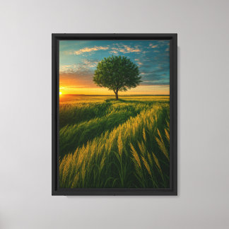 Golden Field Sunset Tree Framed Canvas Art Print
