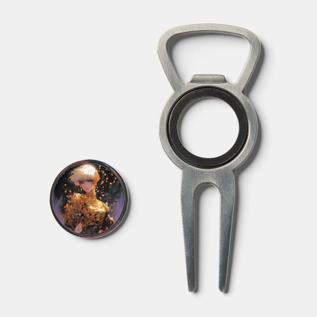 Golden Fiery Fantasy Anime Girl Divot Tool (Front (Open))