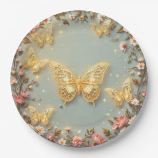 Golden filigree butterflies with floral decor paper plates
