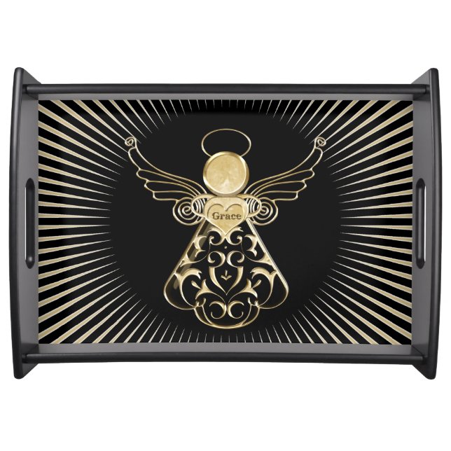 Golden Filigree Christmas Angel of Grace on Black Serving Tray (Front)