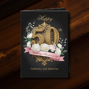 Golden Filigree & Flowers 50th Wedding Anniversary Card