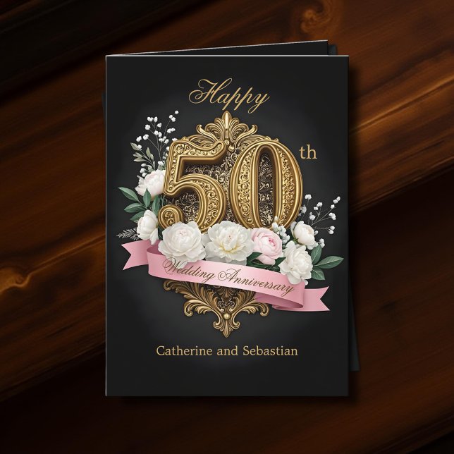 Golden Filigree & Flowers 50th Wedding Anniversary Card (Creator Uploaded)