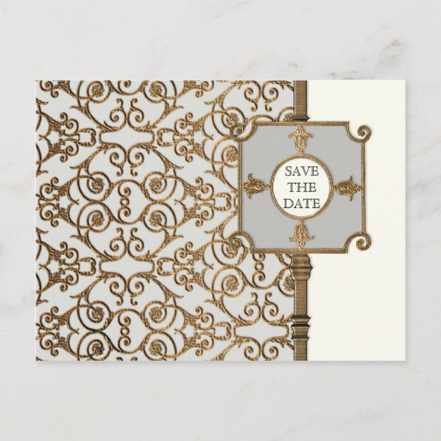 Golden Filigree, Grey - Save the Date Announcement Postcard (Front)