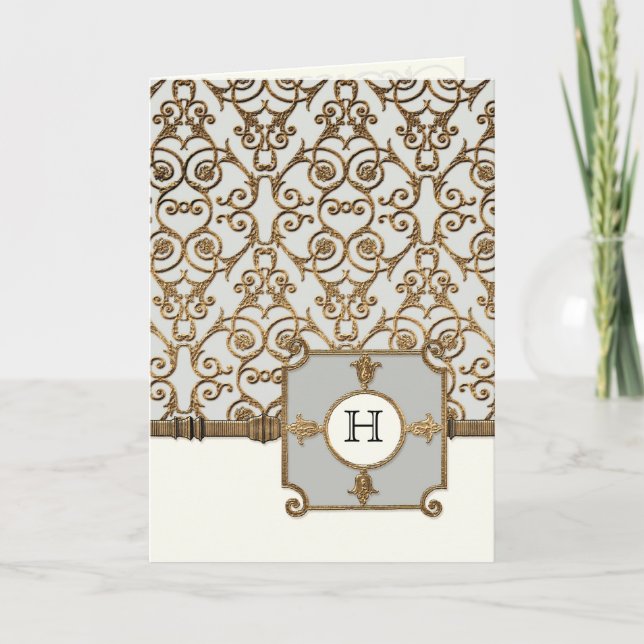 Golden Filigree, Grey - Wedding Thank You Notes (Front)