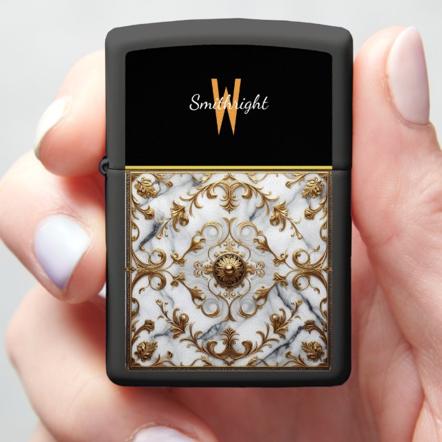 Golden Filigree on Marble Zippo Lighter (In Hand)