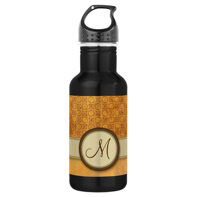 Golden Fire Coin Pattern with Monogram Stainless Steel Water Bottle (Front)