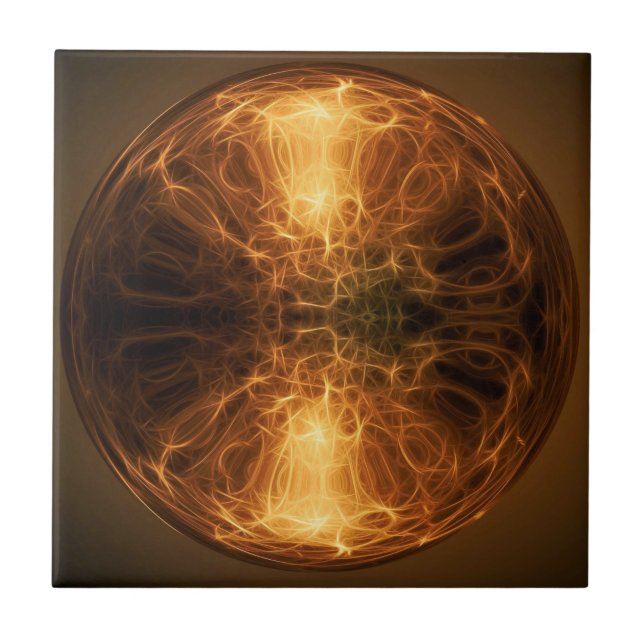Golden Fire Light Fractal Waves Ball Ceramic Tile (Front)