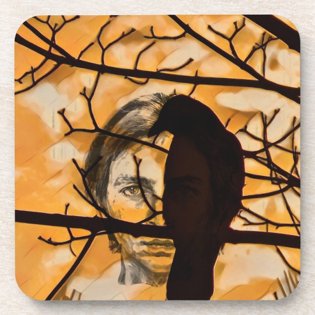 Golden Fire Raven Face Beverage Coaster (Front)