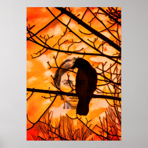 Golden Fire Raven Face Poster