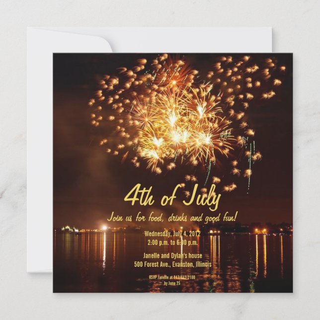 golden fireworks 4th of July invitation (Front)