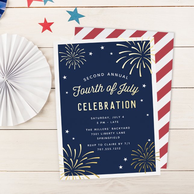 Golden Fireworks Fourth of July Party Foil Invitation (Creator Uploaded)