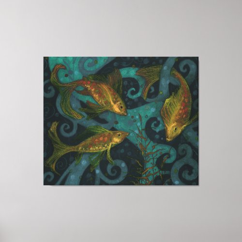 Golden Fish Black  Teal Underwater Canvas Print