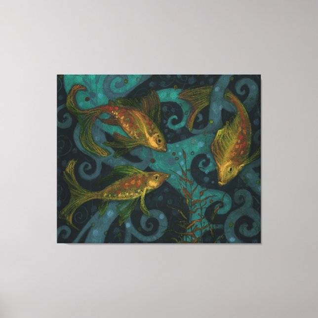 Golden Fish, Black & Teal, Underwater Canvas Print (Front)