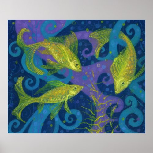 Golden Fish Blue  Yellow Underwater Art Poster