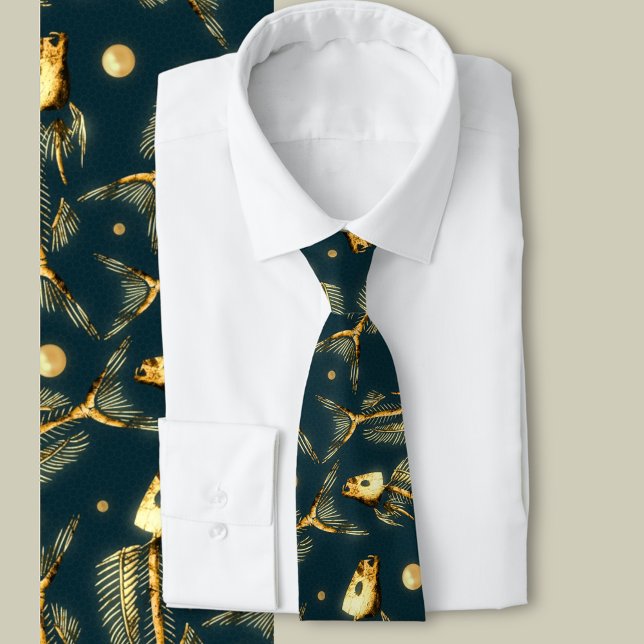 Golden Fish Bones   Neck Tie (A golden fish bone and pearl pattern for the dark and deep ocean lover)