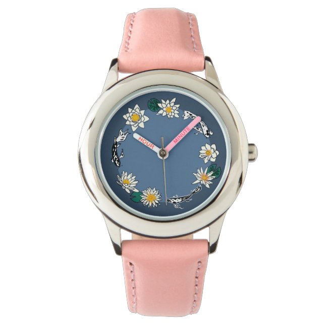 Golden Fish & Daisy Pink Leather Watch (Front)
