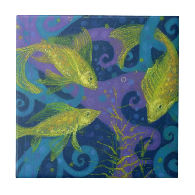 Golden Fish Fishes Water Animals Underwater Blue Ceramic Tile (Front)