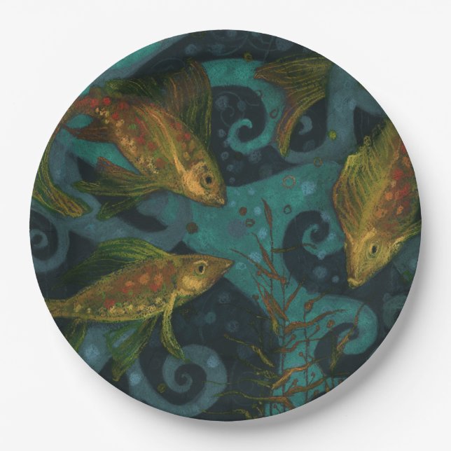 Golden Fish, Pisces, Nautical Underwater Art Black Paper Plates (Front)