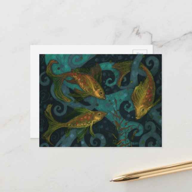 Golden Fish Underwater Animals Painting Black Teal Postcard (Front/Back In Situ)