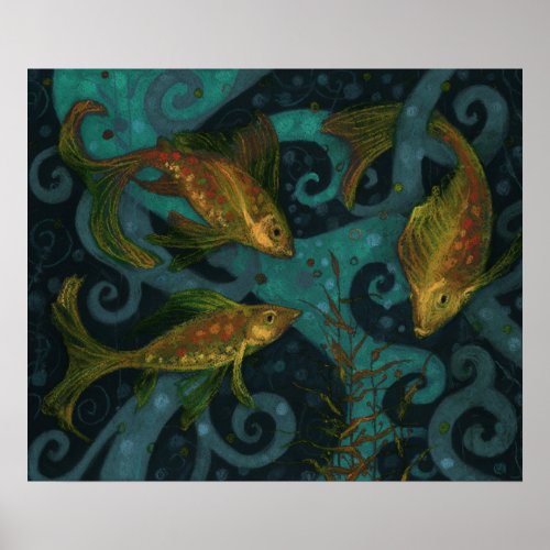 Golden Fish Underwater Animals Painting Black Teal Poster