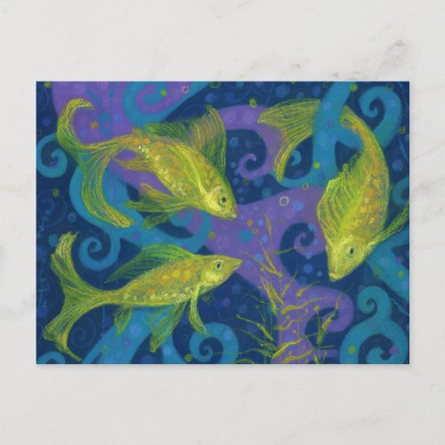 Golden Fish Underwater Art Pastel Painting Postcard