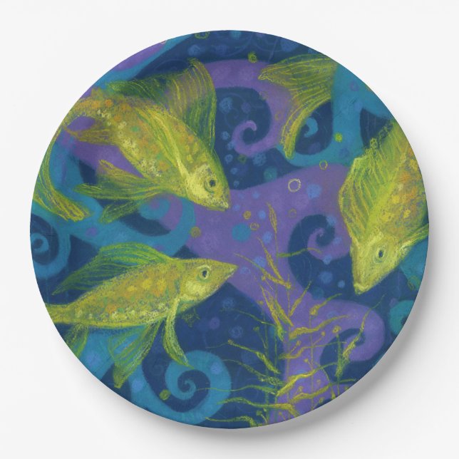 Golden Fishes, Pisces, fish, nautical underwater Paper Plates (Front)