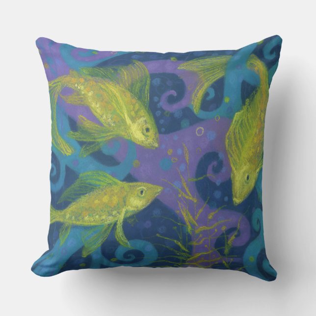 Golden Fishes, Pisces, fish, nautical underwater Throw Pillow (Front)