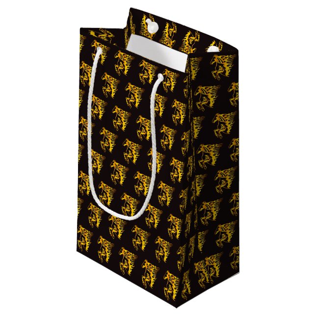 Golden flame horse on black small gift bag (Front Angled)