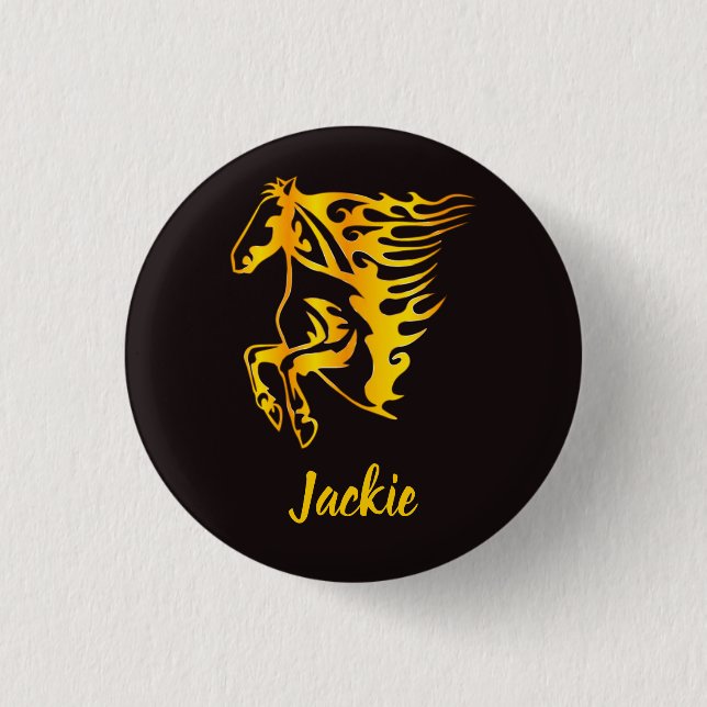 Golden flame horse with custom name  button (Front)