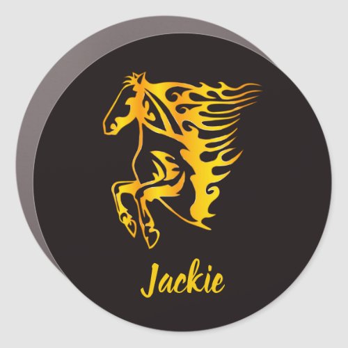 Golden flame horse with custom name  car magnet