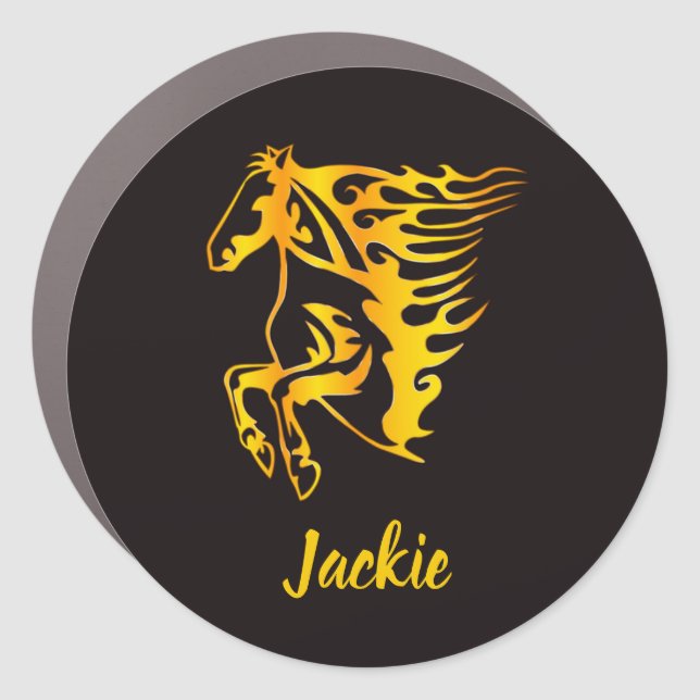 Golden flame horse with custom name  car magnet (Front)