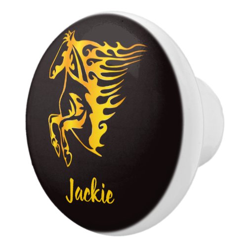 Golden flame horse with custom name  ceramic knob