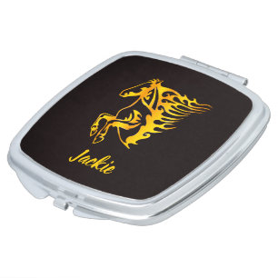 Golden flame horse with custom name  compact mirror