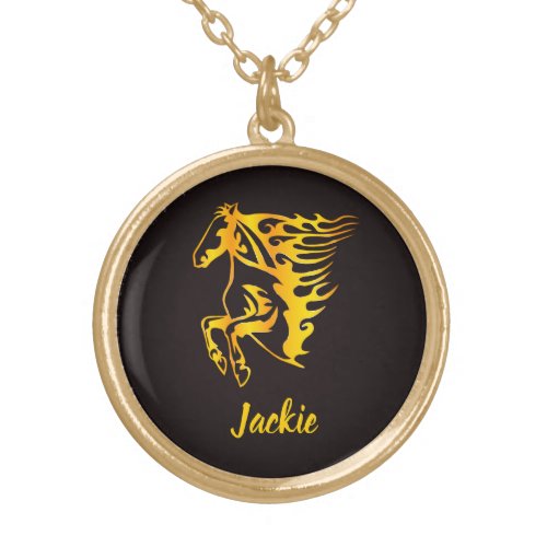 Golden flame horse with custom name  gold plated necklace