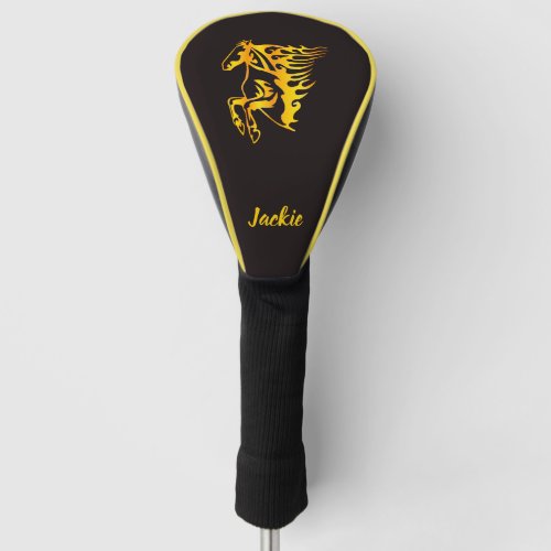 Golden flame horse with custom name  golf head cover